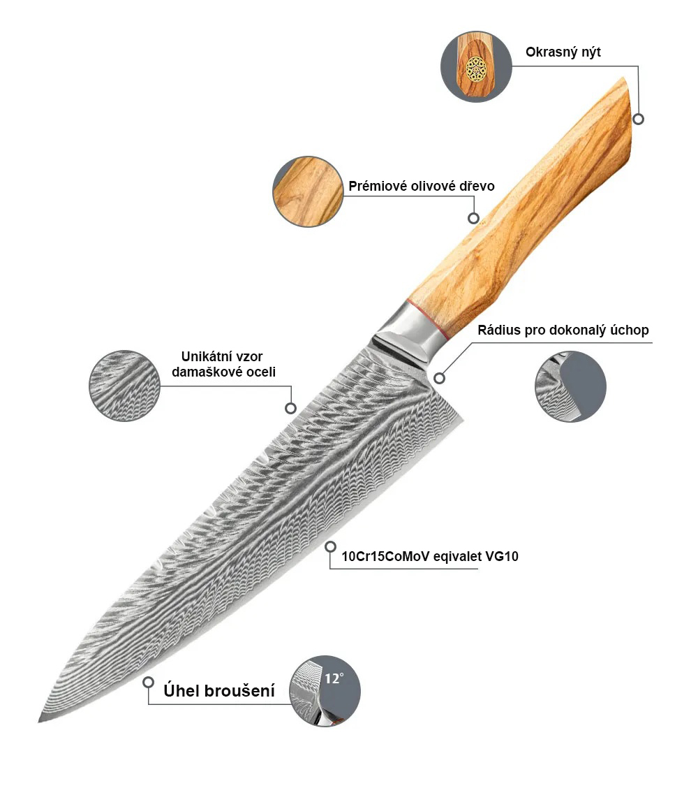 Olive wood damaškový šefkuchařský nůž  077